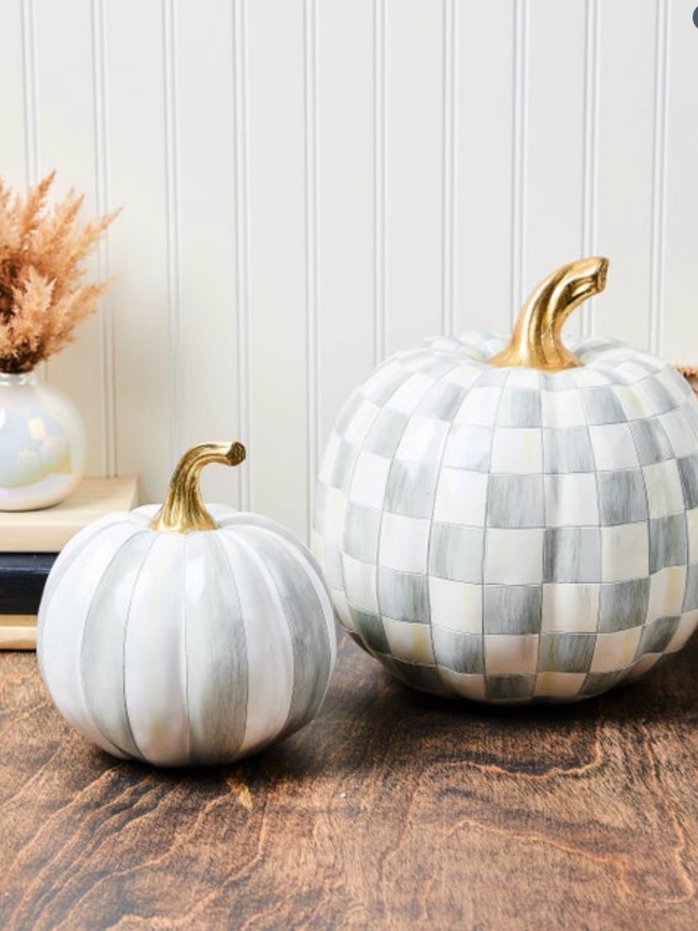 Mackenzie Childs Set of 2 Sterling Gray Pumpkins in original packaging New Fall